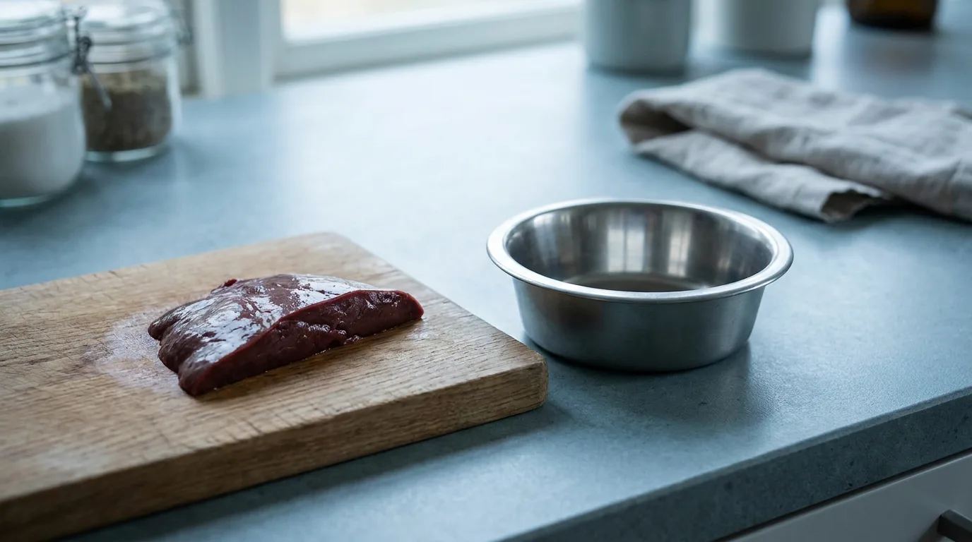 A slice of raw liver on a wooden board beside a stainless steel cat bowl on a kitchen counter