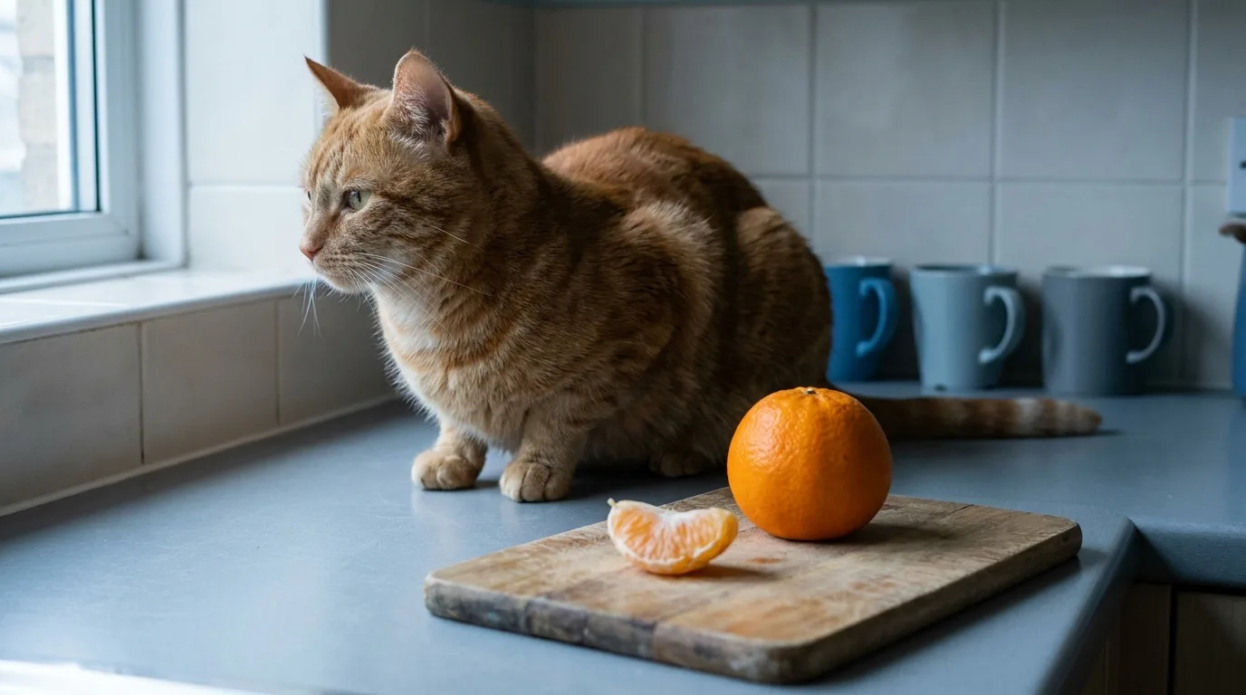 An orange and a peeled segment on a kitchen worktop with a cat looking away from them