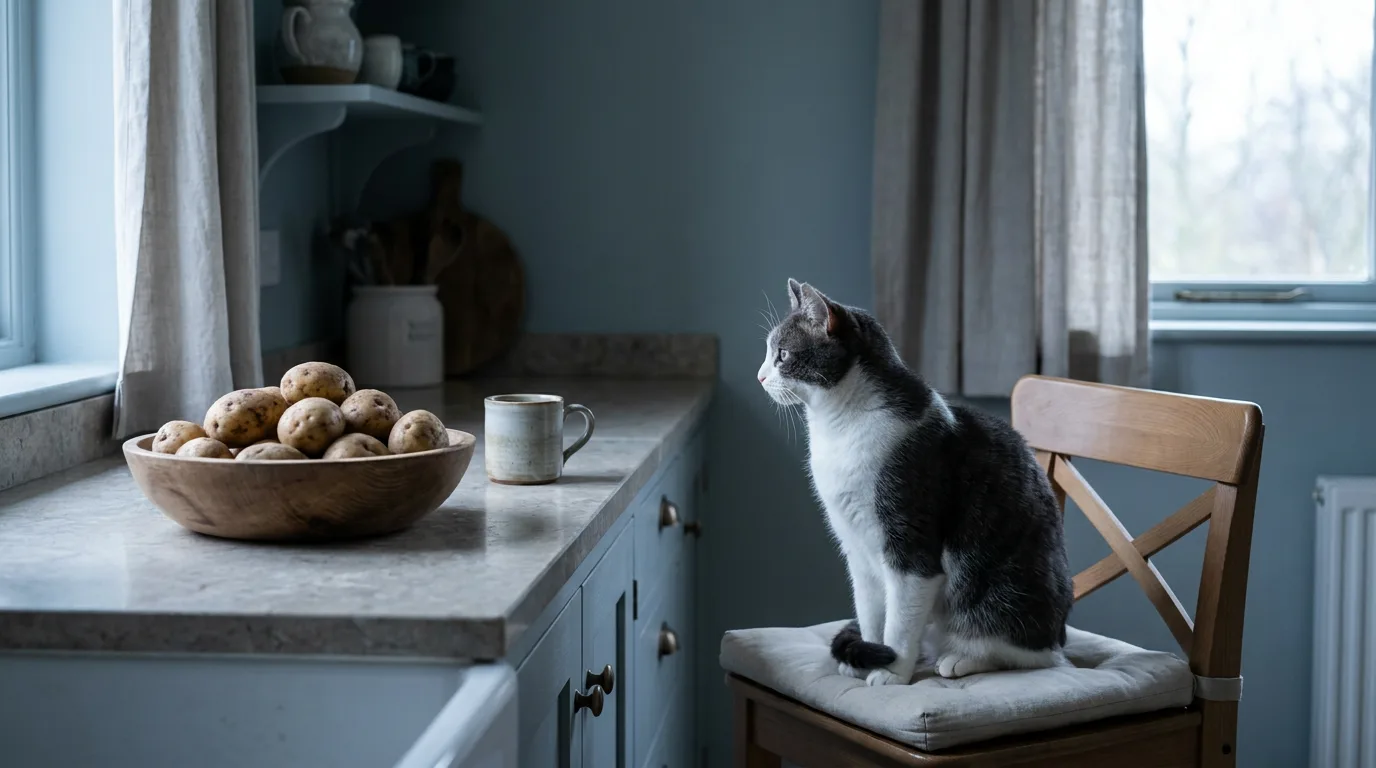 Potatoes in a wooden bowl on a kitchen counter with a cat sitting on a chair beside it
