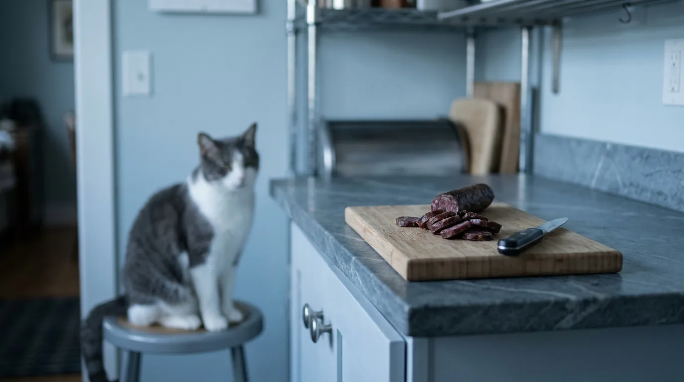 Slices of cured sausage on a board at the edge of a kitchen counter with a cat nearby