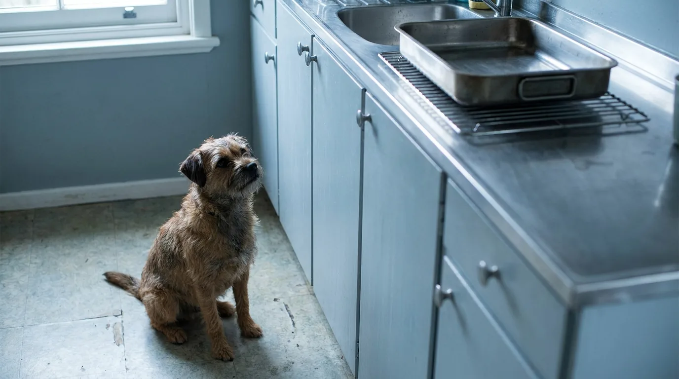 A dog sitting on a kitchen floor looking up at a countertop with a roasting tin above it
