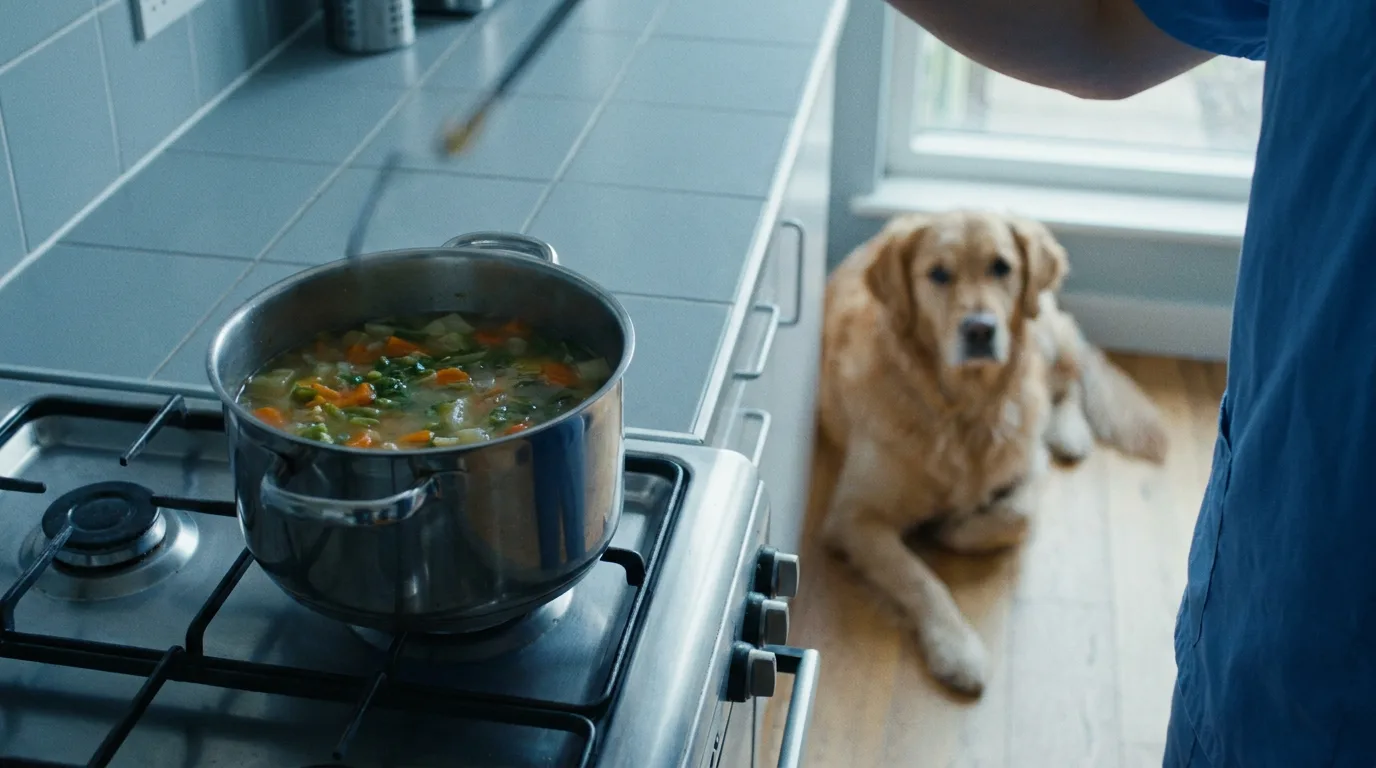 A pot of soup on a stove with a dog waiting on the kitchen floor behind it