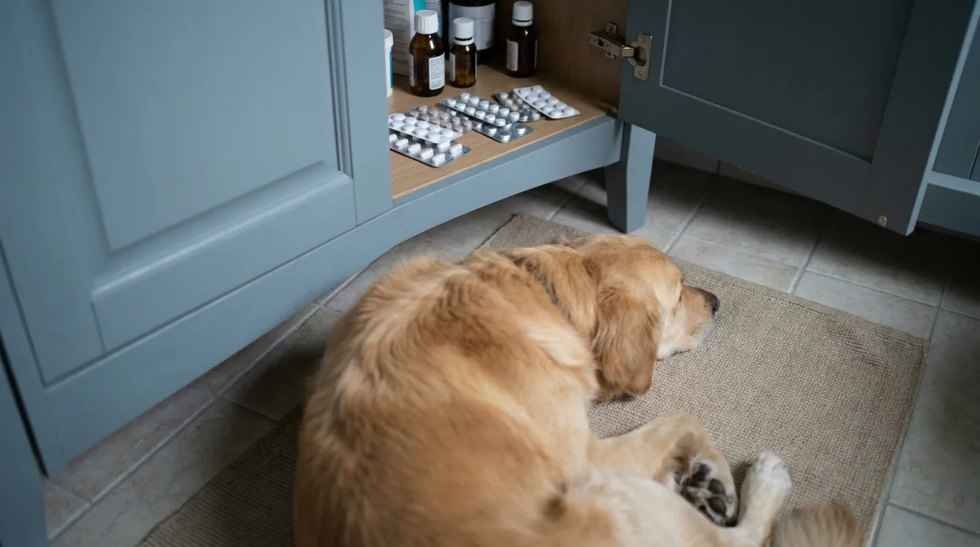 An open bathroom cabinet with blister packs of tablets on a shelf and a dog lying on the floor nearby