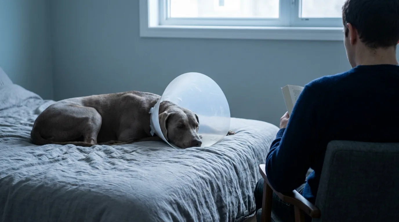 A dog resting on a bed wearing a protective collar with a person sitting beside it