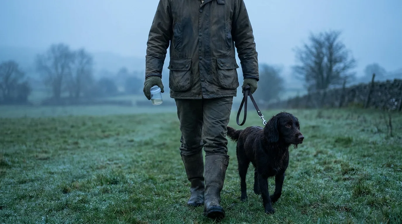 A person walking a dog on a lead across wet grass early in the morning holding a sample container