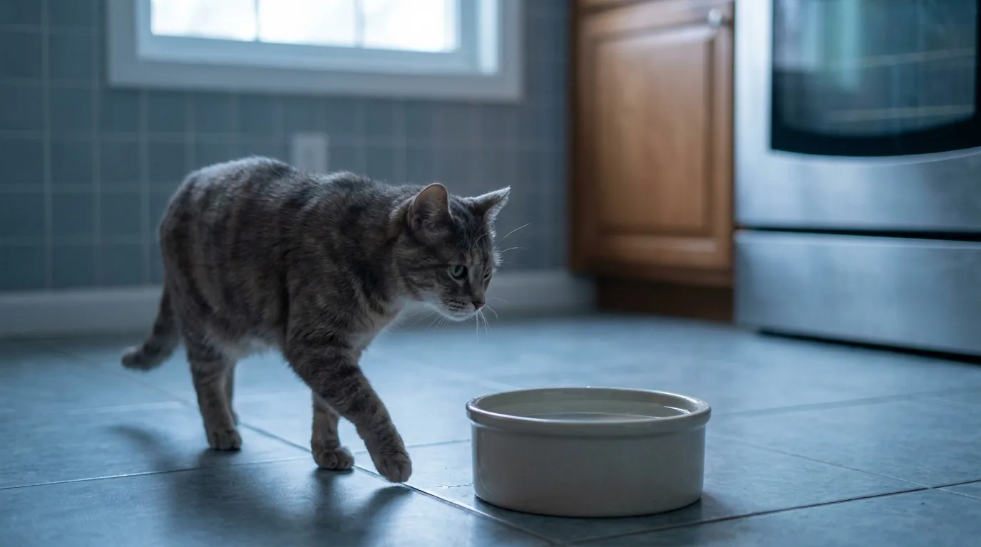 A water bowl on a tiled kitchen floor with a cat approaching it from the side