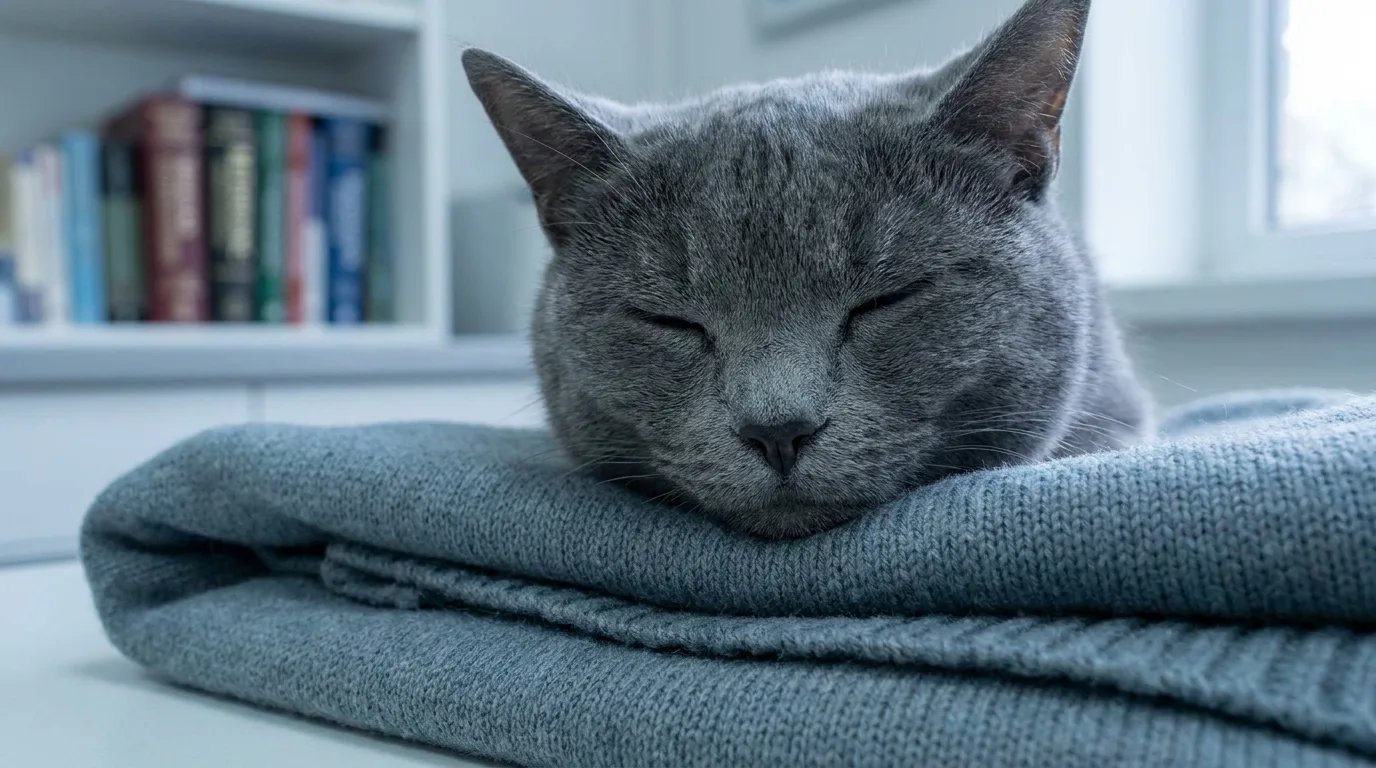 A close view of a grey cat's face resting on a blanket with its mouth closed