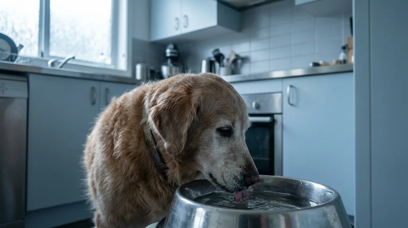 An older dog drinking from a large water bowl in a kitchen