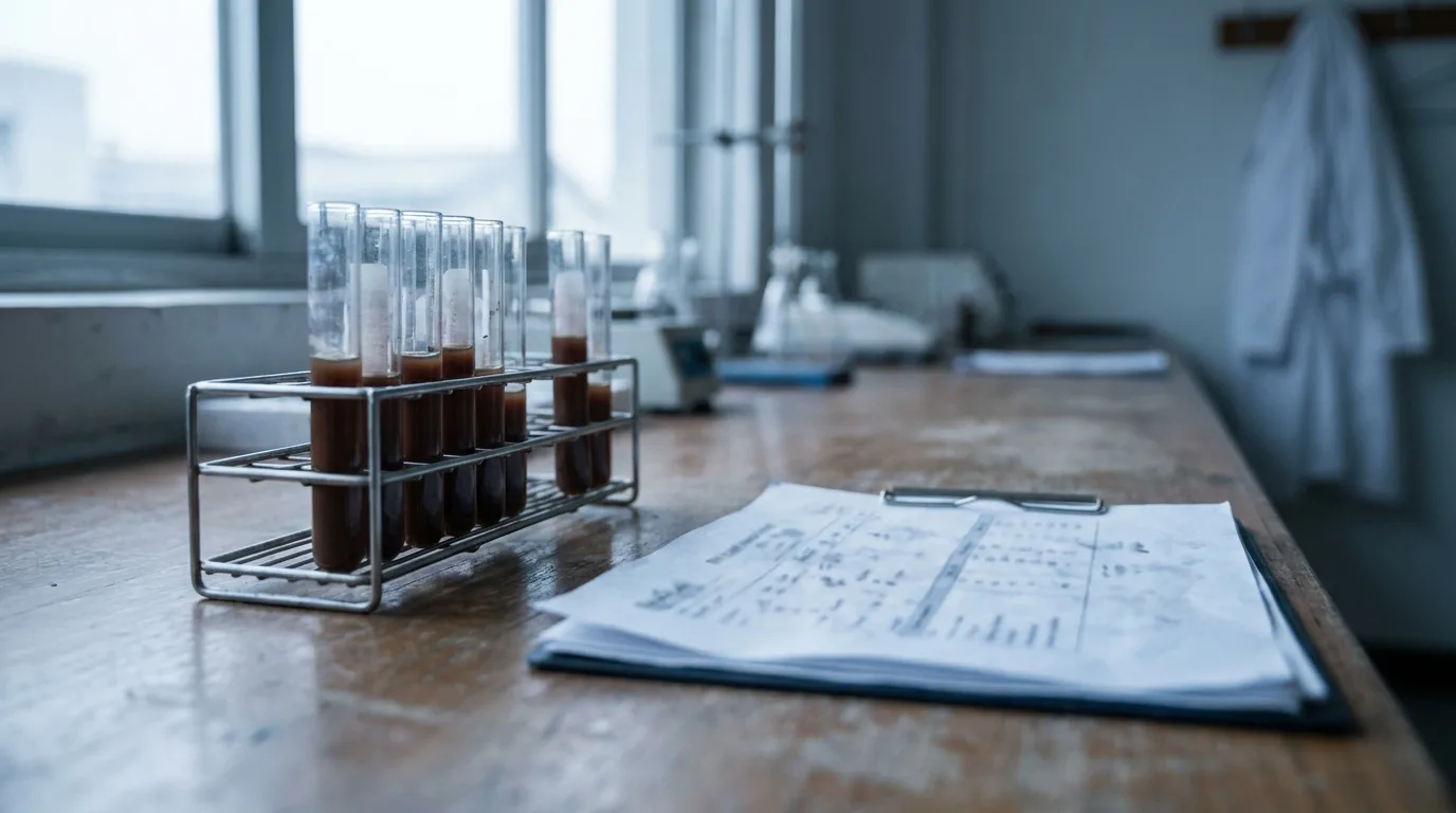 A laboratory bench with blood sample tubes in a rack beside a printed results report