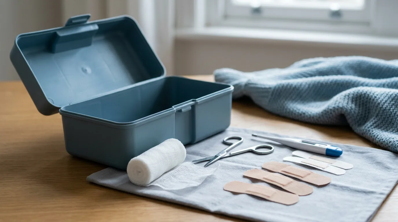 An open first-aid box on a table with bandages, gauze, scissors and a thermometer laid out beside it