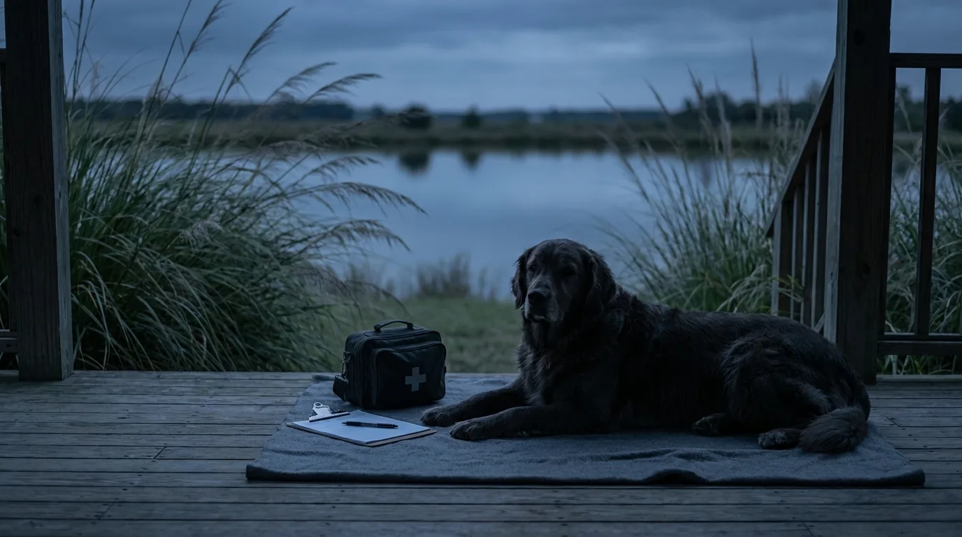 A dog resting on a porch at dusk with long grass and still water in the background