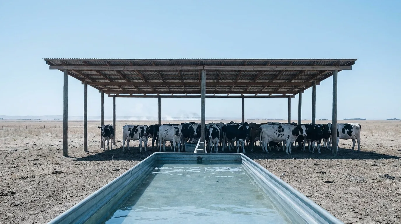 Cattle standing in an open barn during hot weather with sunlight falling across the bedding