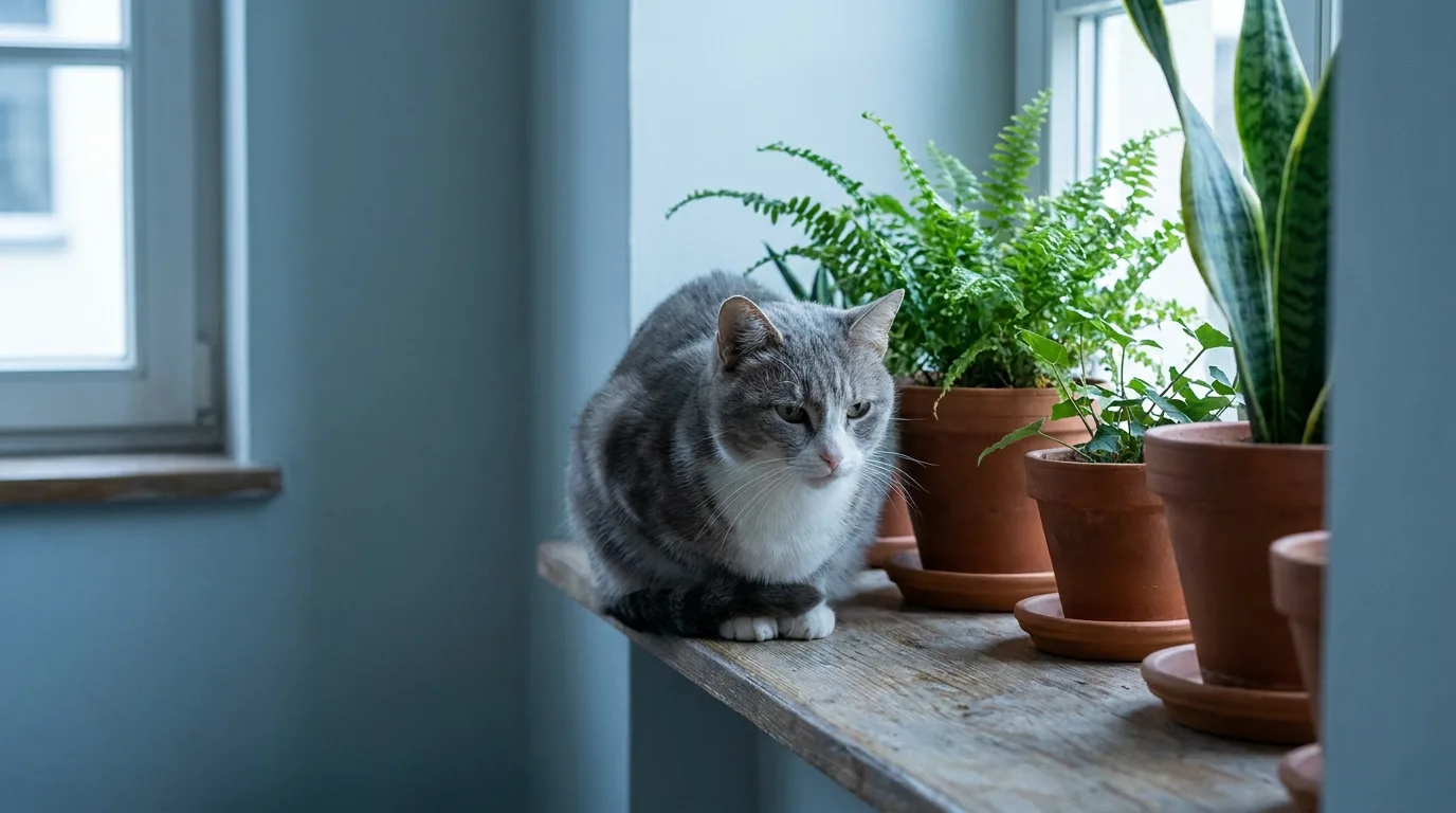A cat sitting on a windowsill beside a row of potted houseplants in soft daylight