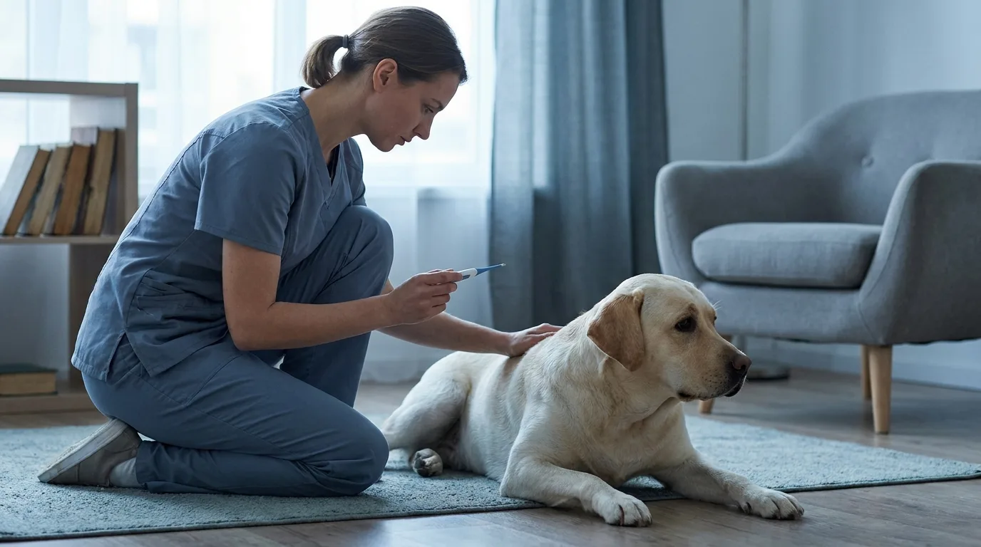 A person kneeling beside a calm labrador on a living-room floor holding a digital thermometer