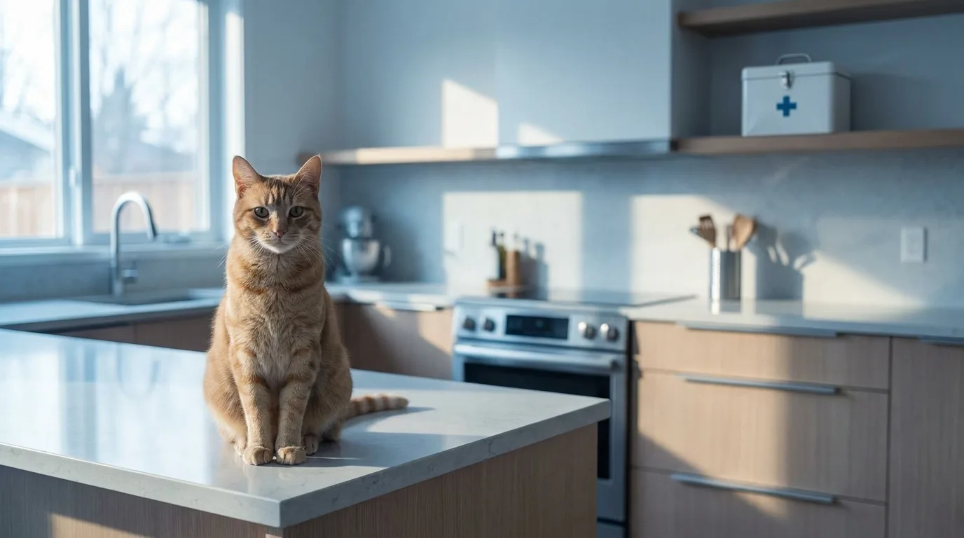 A ginger cat sitting on a kitchen counter next to a wall-mounted first aid cabinet