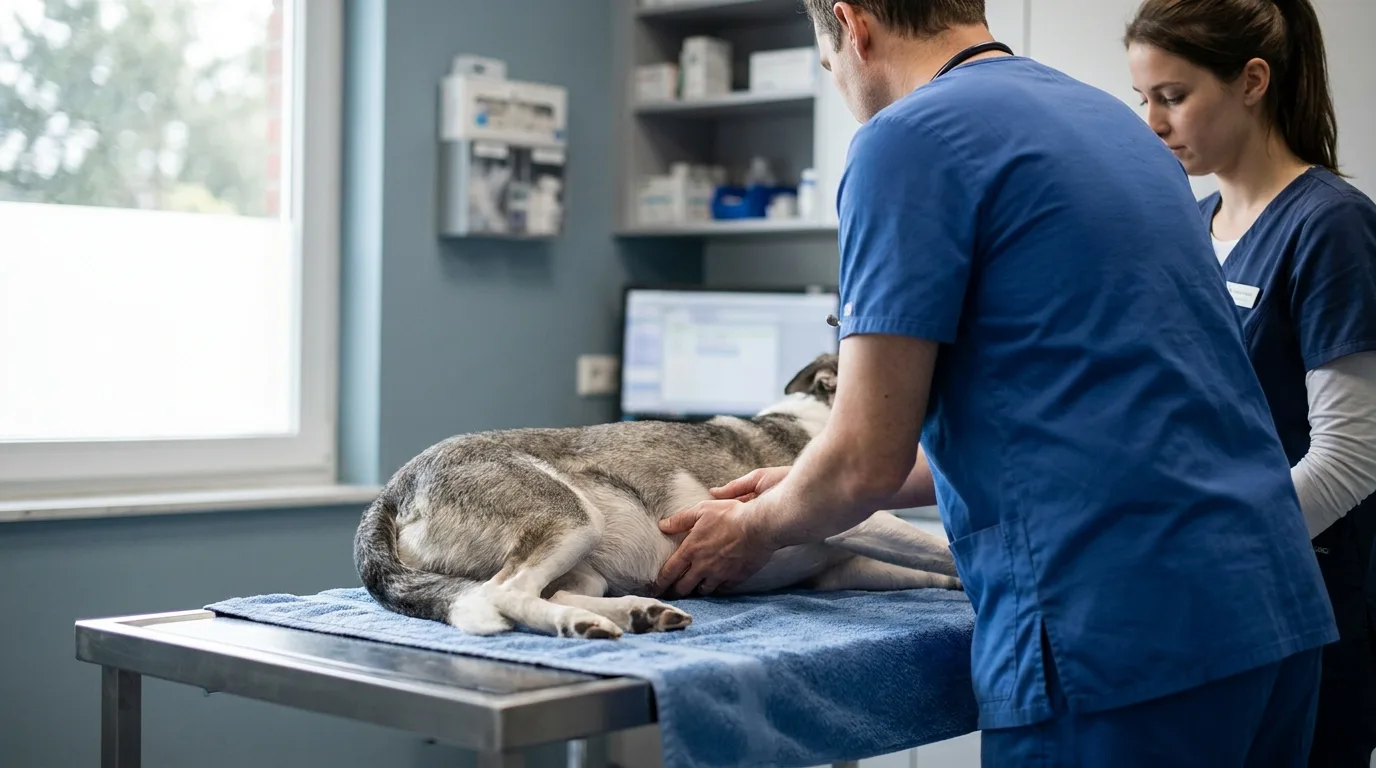 A dog lying quietly on a clinic examination table while a veterinarian palpates its abdomen