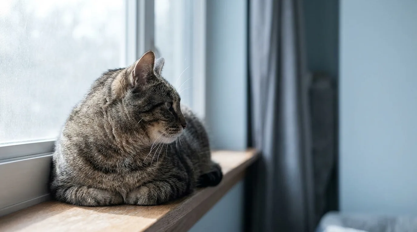 A large tabby cat lying on a sunlit windowsill seen from the side