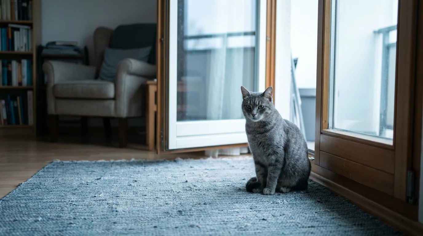 A cat sitting on a rug in a sunlit living room beside a partly open balcony door