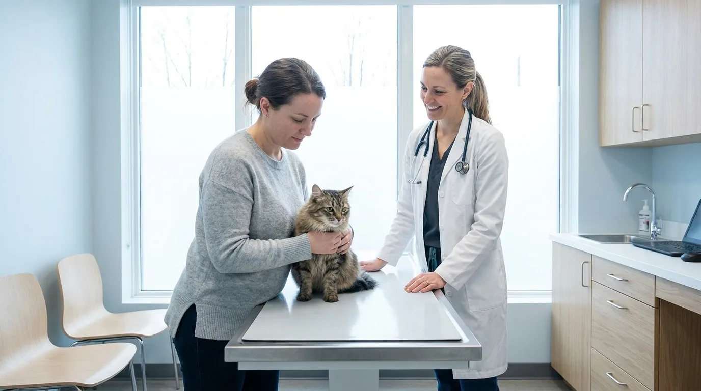 A veterinarian examining a dog in a bright consulting room while the owner sits beside them