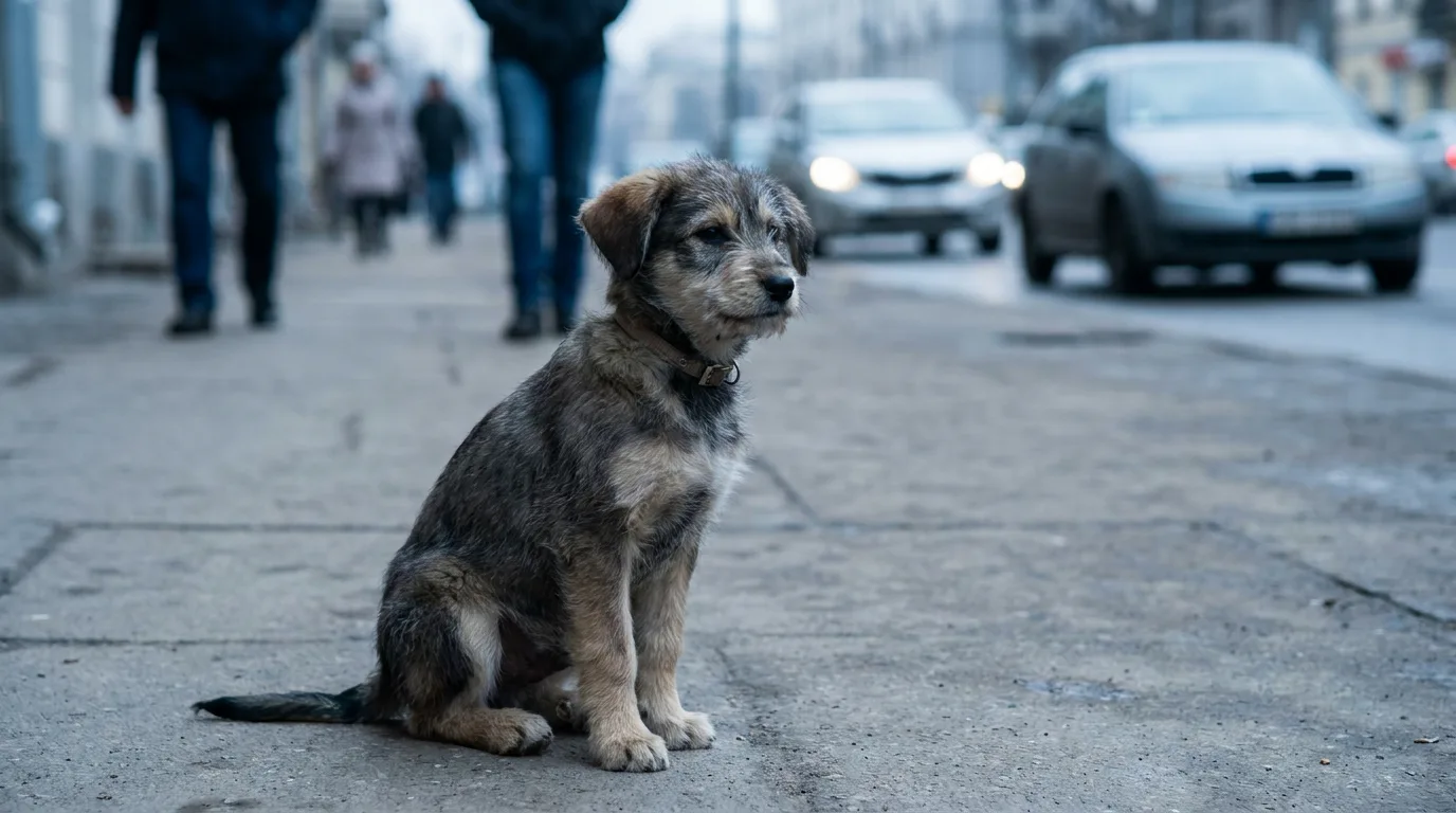 A puppy sitting calmly on a pavement watching people and traffic from a short distance