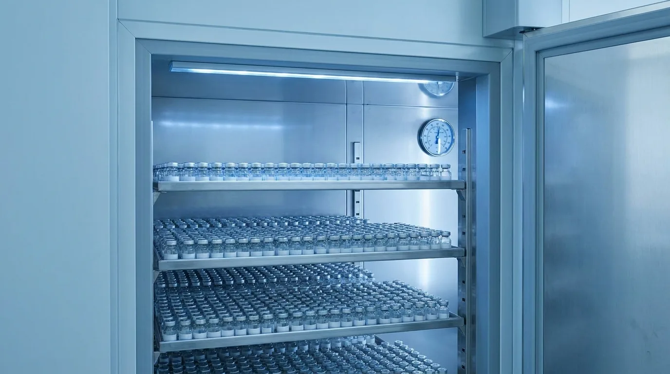 A veterinary refrigerator with vials on a shelf and a digital temperature display beside it