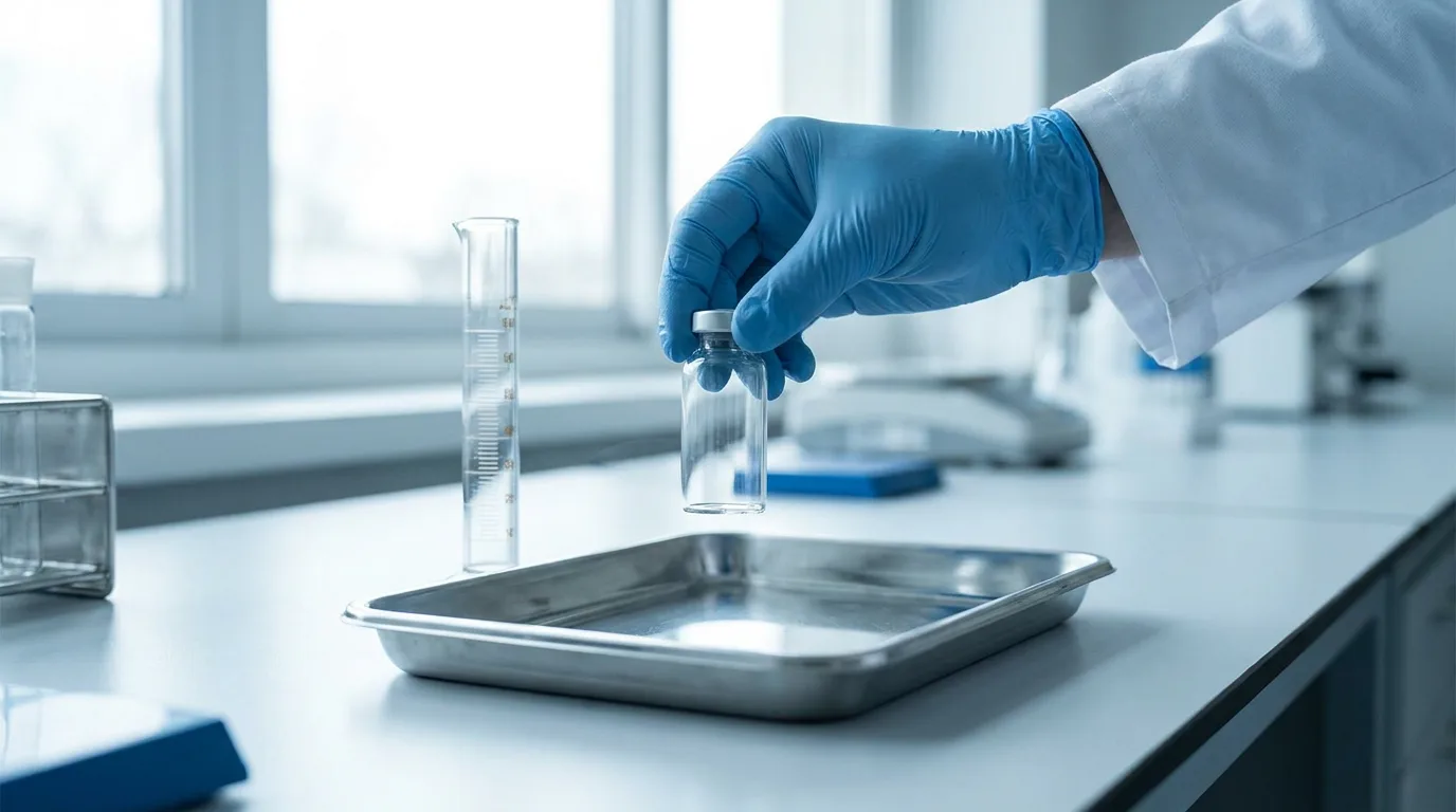 A gloved hand holding a clear glass vial over a stainless steel tray beside a graduated cylinder in a laboratory