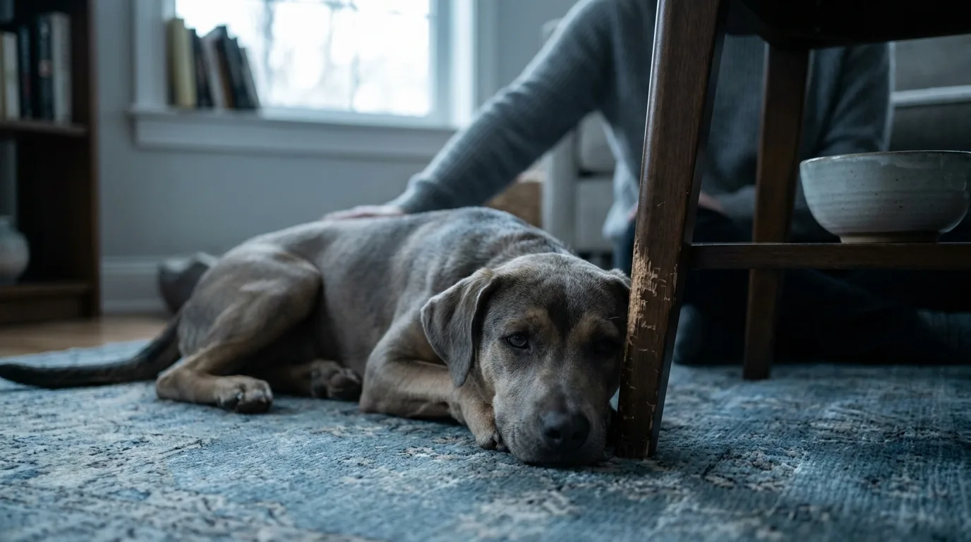 A young dog lying on a rug beside a wooden chair leg with visible tooth marks
